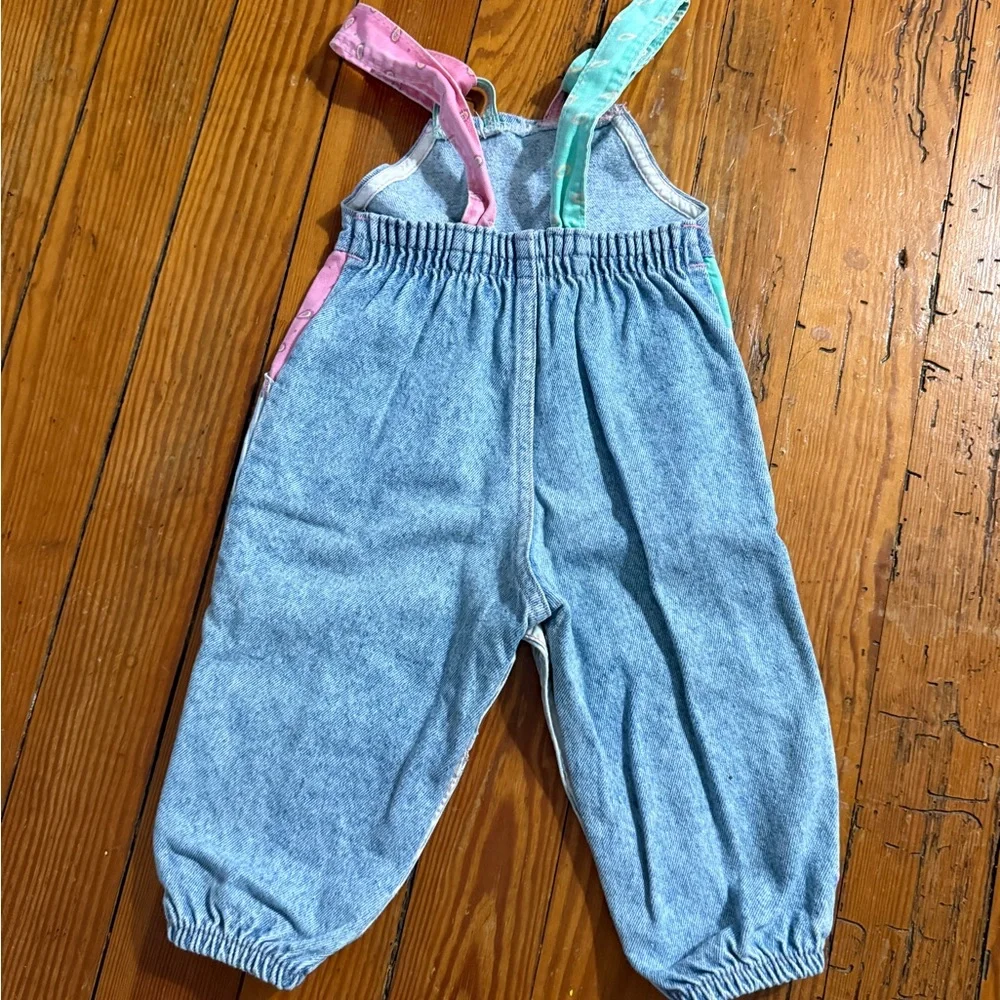Vintage 90s Striped Light Blue Overalls with Pink & Mint Accents size 18m